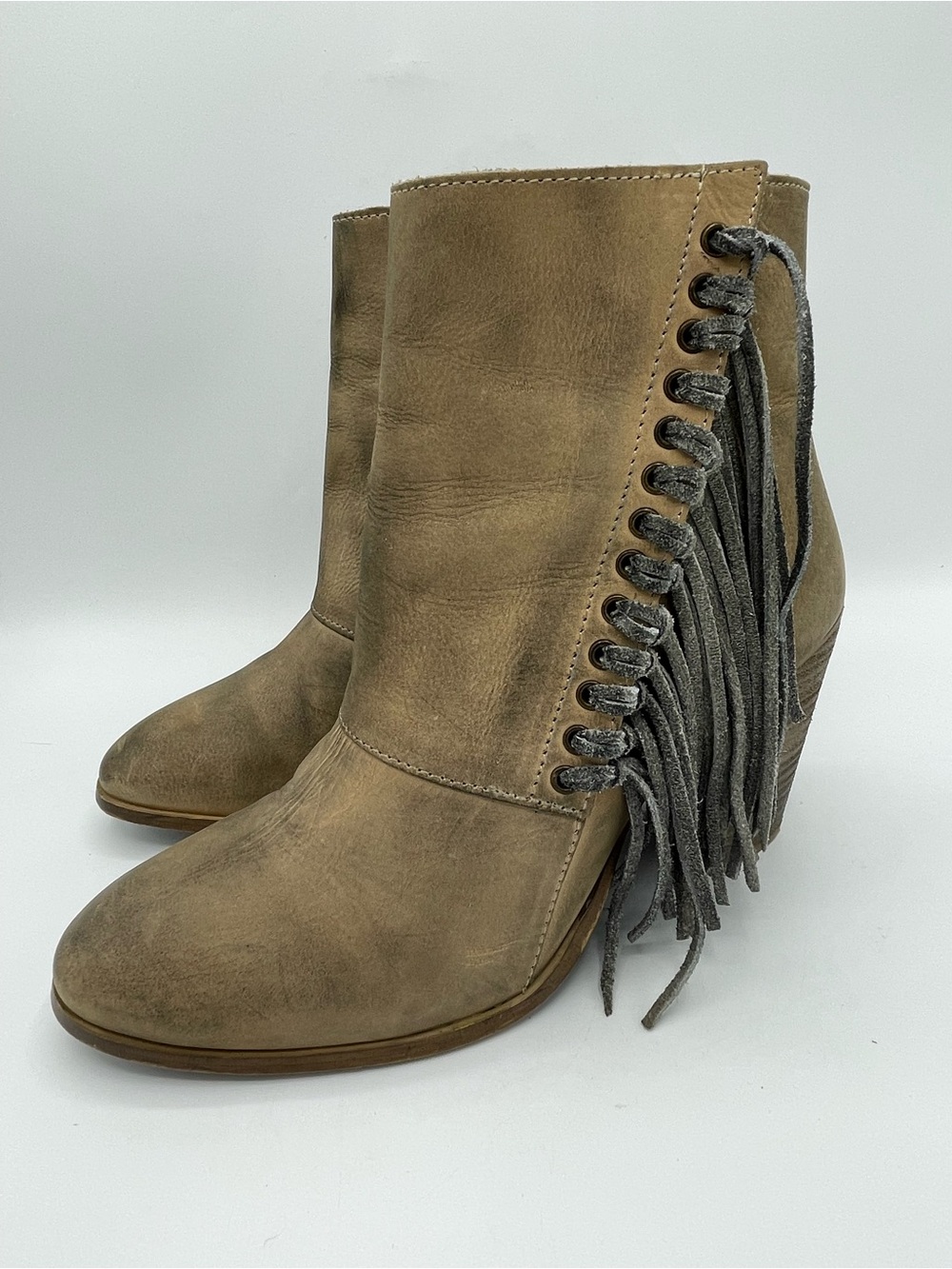 Diba True Jilly Ann Fringe Leather Ankle Boots in Taupe/Tan.